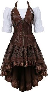 Blouse Steampunk Femme en Cuir avec Corset et Jupe