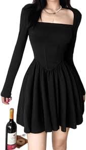 Robe Gothique Sexy à Col Carré Noir pour Femmes