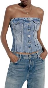 Top Corset Tube en Denim Sans Bretelles pour Femme